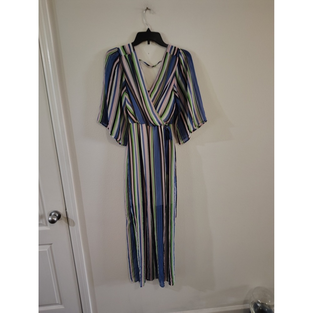 Robert Louis Womens Multi Color Striped V-Neck Flutter Sleeve Maxi Dress Small